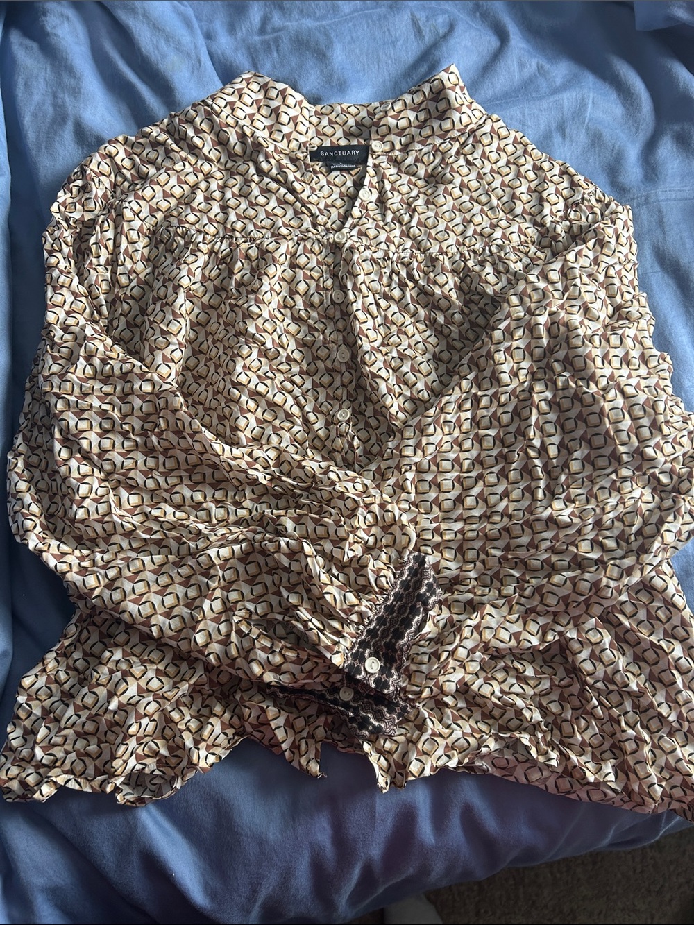 Sanctuary Geometric Print Button-Front Blouse in Cream and Brown